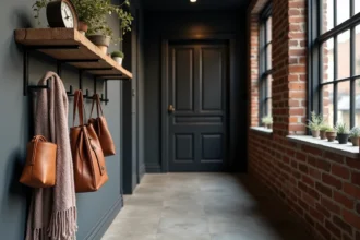 Entrée étroite décorée en style industriel avec porte-manteau en fer forgé et étagère bois flotté sur mur en brique