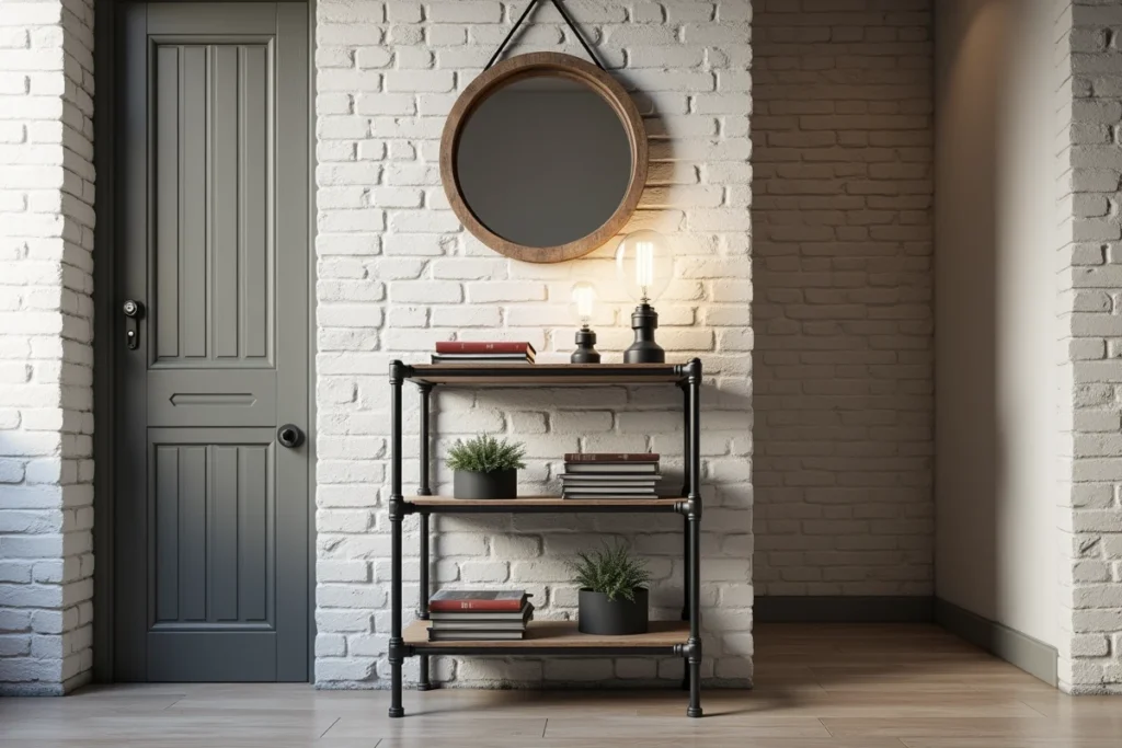 Étagère métal tubulaire slim avec miroir cadre bois industriel dans entrée étroite décorée style loft urbain