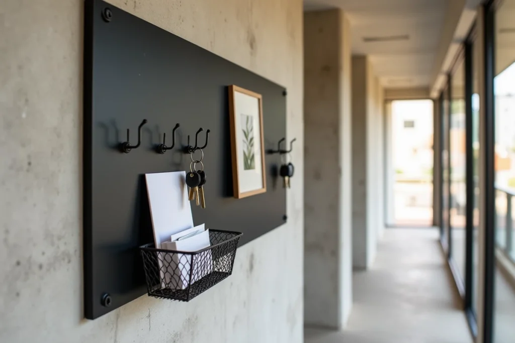 Panneau pegboard noir industriel avec crochets et panier métallique monté sur mur béton dans couloir étroit