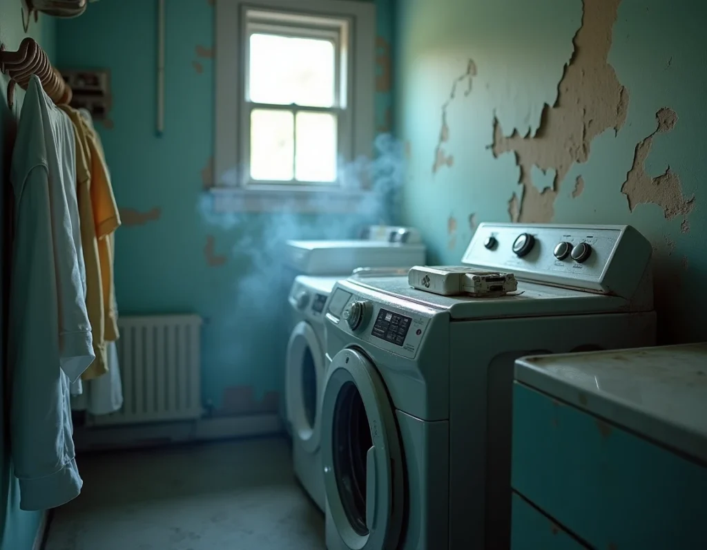 Prise domino posée sur un lave-linge dans une buanderie humide avec vapeur et traces de moisissures au mur