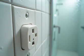 Prise électrique domino installée sur un mur de salle de bain humide avec traces de condensation et rouille