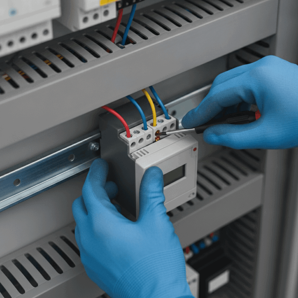 Mains de technicien installant un compteur électrique communicant sur tableau de distribution pour sous-comptage énergétique