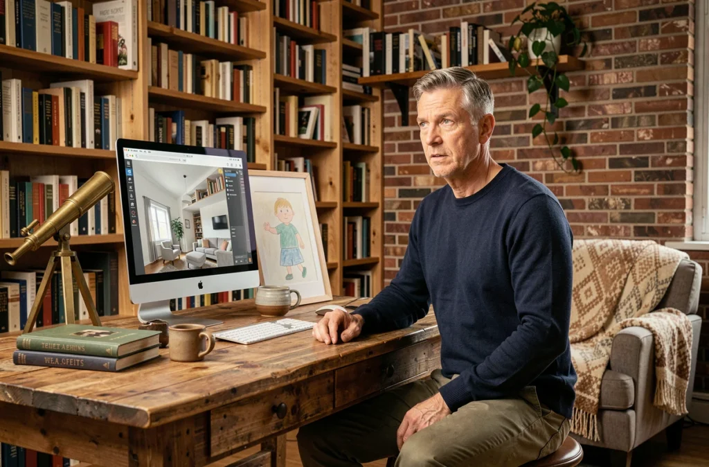 Homme comparant une suggestion de décoration générée par IA sur écran avec des objets personnels vintage posés sur son bureau en bois