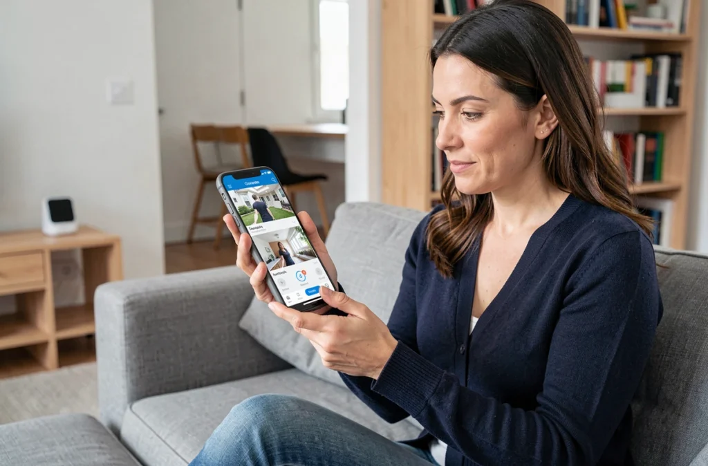 Femme consultant une application de sécurité connectée sur smartphone dans son salon