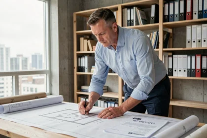Architecte analysant des plans techniques conformes à la norme NF P01-012 sur une table à dessin en studio professionnel