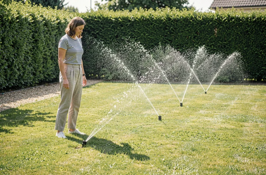 Femme observant les arroseurs automatiques en fonctionnement dans un jardin verdoyant