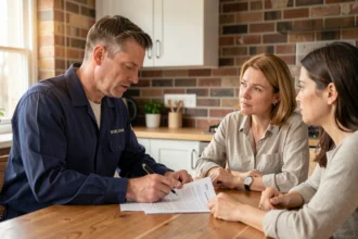 Artisan en uniforme bleu expliquant un contrat de travaux à un couple de propriétaires autour d'une table en bois