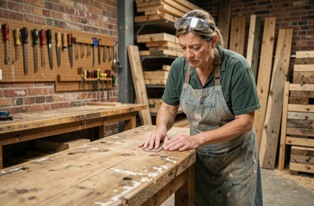 Artisane menuisière ponçant une planche en chêne recyclé dans un atelier de bois avec outils suspendus et briques apparentes