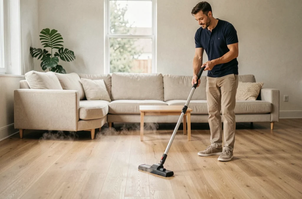 Homme utilisant un balai vapeur Lidl sur parquet stratifié dans un salon minimaliste