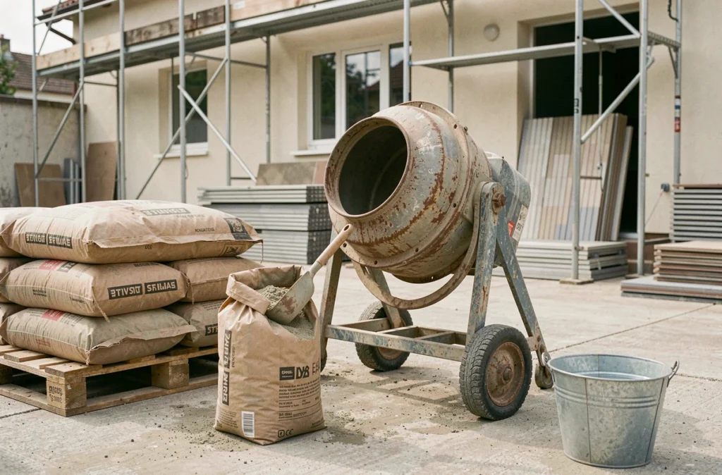 Bétonnière électrique et sacs de sable et ciment dosés pour préparer une chape maigre en extérieur