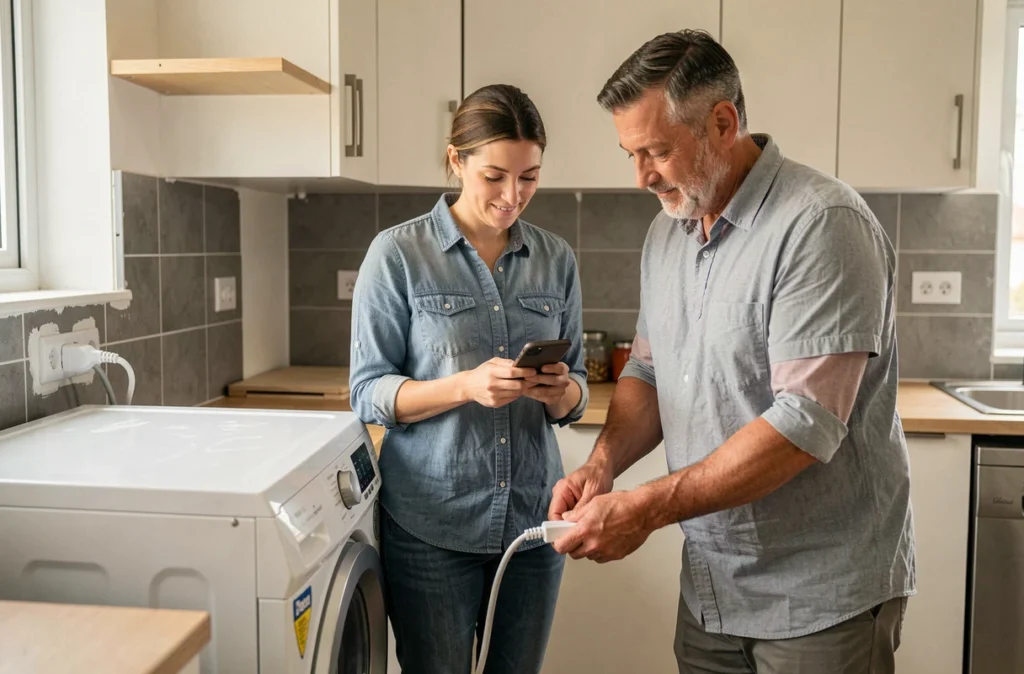 Couple branchant un appareil électroménager à une prise avec terre dans la cuisine d'une nouvelle maison lors d'un déménagement
