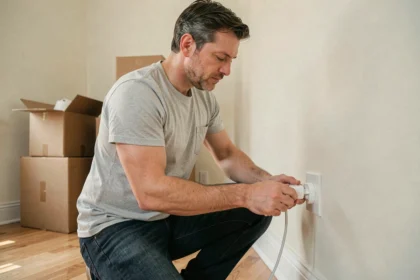 Homme branchant une multiprise dans une prise murale dans un salon de nouvelle maison avec des cartons de déménagement en arrière-plan