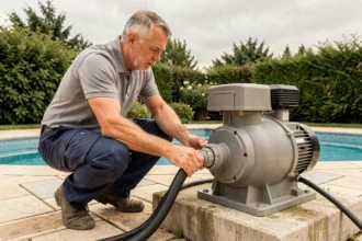 Homme branchant une pompe de piscine hors-sol sur un boîtier électrique étanche dans un jardin