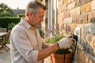 Homme connectant une rallonge électrique étanche à une prise extérieure protégée, sur une terrasse d'été en pierre