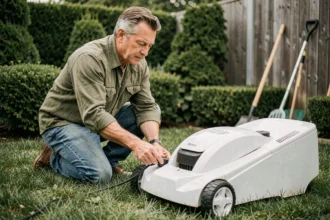 Homme d'âge mûr branchant le câble de la station de charge d'un robot tondeuse dans un jardin suburban