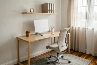 Bureau à domicile bien organisé avec un bureau en chêne clair, un moniteur blanc et des accessoires minimalistes