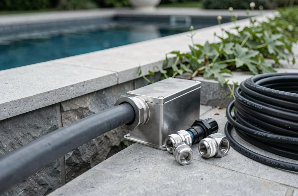 Câble électrique étanche et boîtier de connexion installés sur la margelle en pierre d'une piscine extérieure