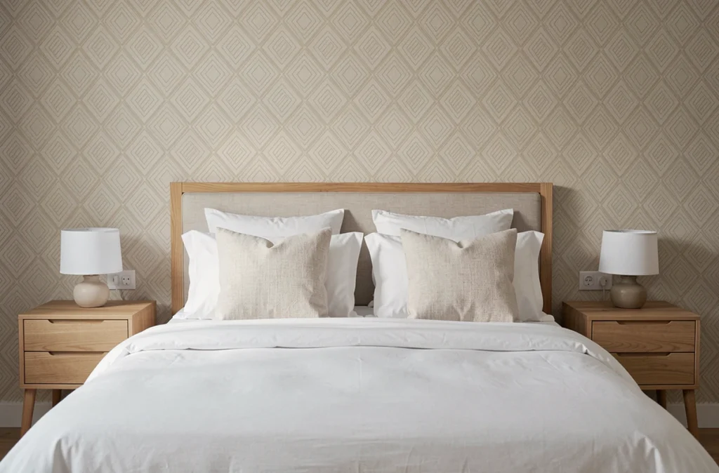Chambre de location avec papier peint géométrique beige derrière la tête de lit, ambiance épurée et neutre