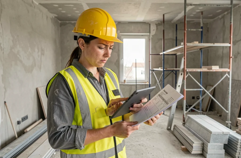 Cheffe de chantier avec casque jaune vérifiant un devis de travaux sur tablette dans un appartement en rénovation