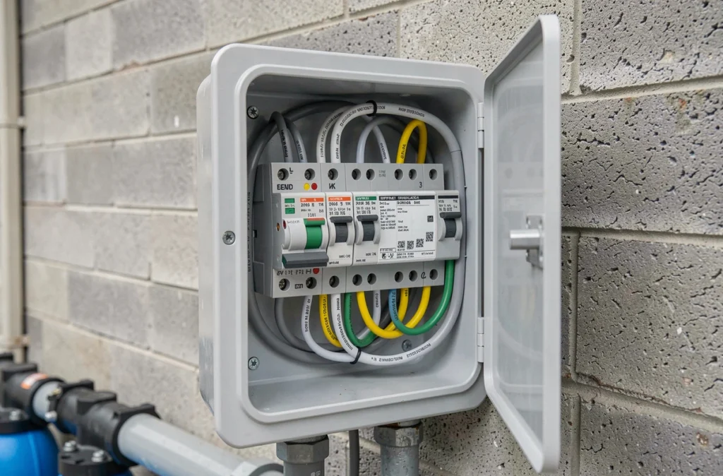 Coffret électrique de piscine ouvert montrant les disjoncteurs et interrupteurs différentiels installés