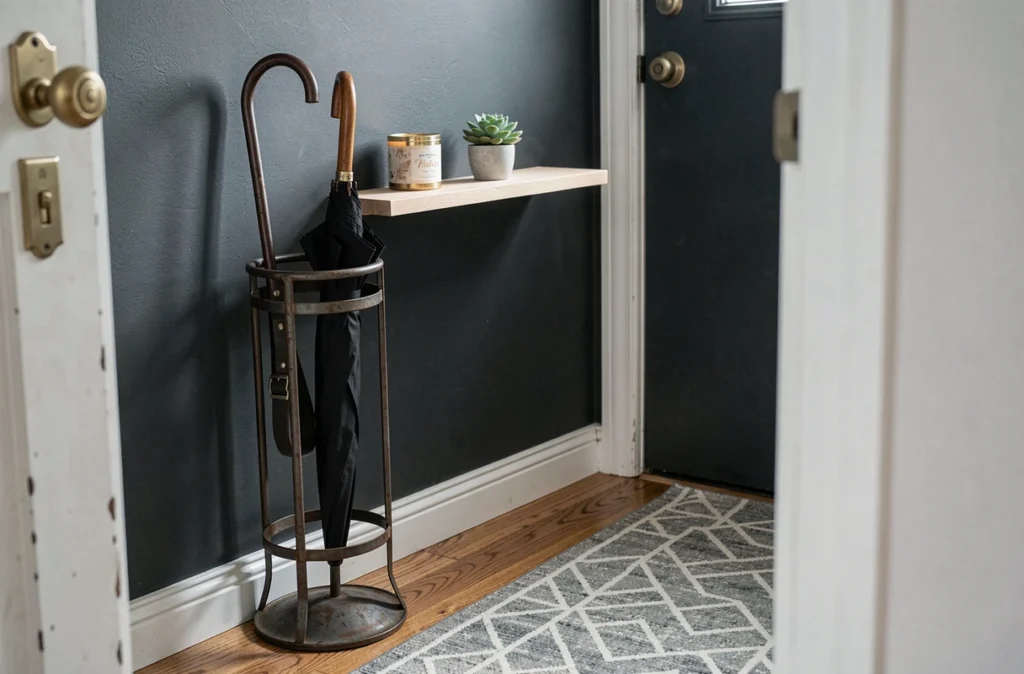 Coin entrée de maison avec étagère flottante, porte-parapluies vintage et tapis de couloir géométrique dans un style contemporain