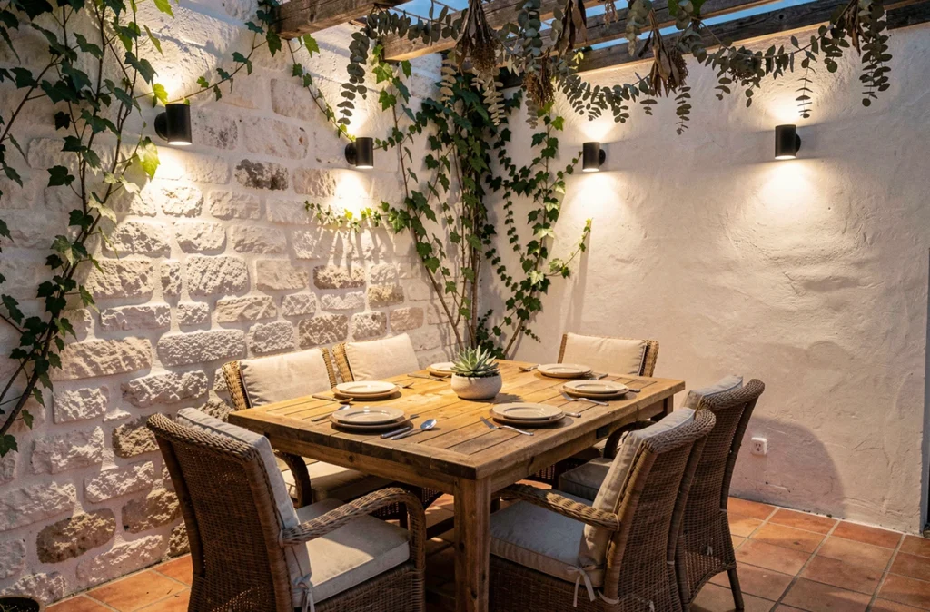 Coin repas extérieur aménagé sur une terrasse en pierre avec spots solaires muraux éclairant une table en teck au crépuscule
