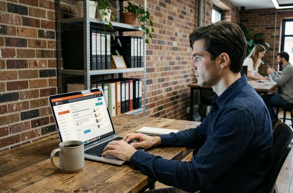 Jeune professionnel consultant un intranet d'entreprise sur son ordinateur portable dans un espace de travail moderne, illustrant la communication interne digitale