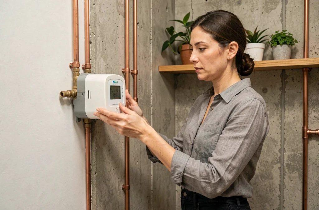 Femme consultant un compteur d'eau intelligent dans une buanderie moderne