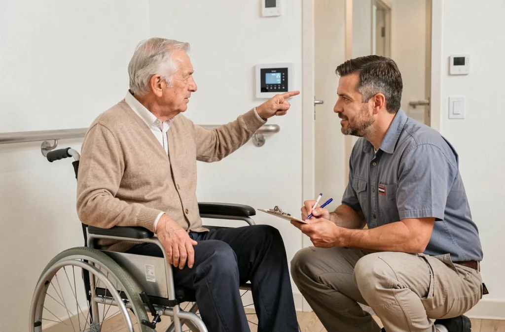 Électricien en consultation avec un senior en fauteuil roulant pour adapter le logement à ses besoins de mobilité