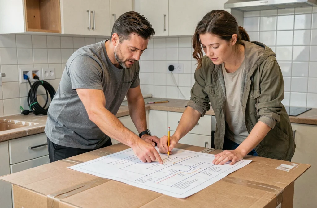 Couple consultant un plan électrique dans une cuisine vide le jour du déménagement