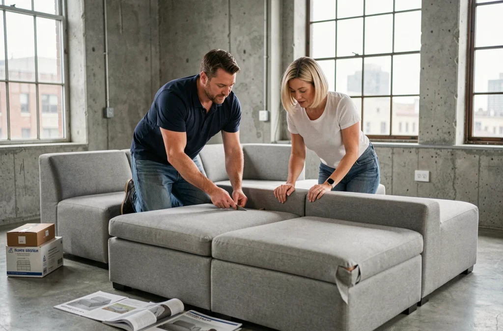 Couple assemblant un canapé sectionnel modulable dans un appartement moderne aux murs en béton