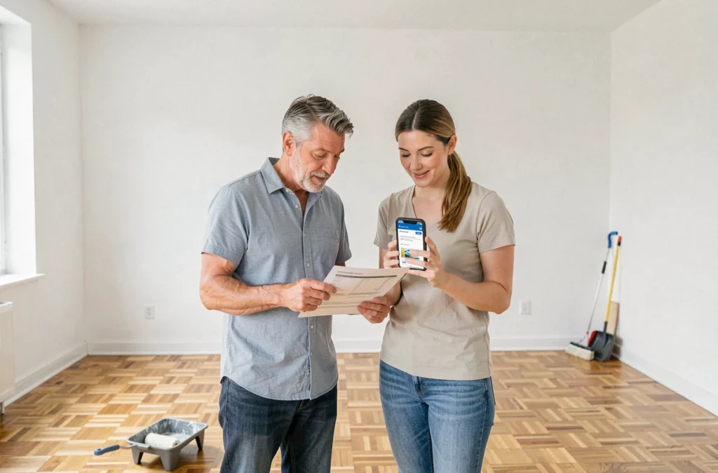Couple dans un appartement vide examinant un contrat de fournisseur d'énergie lors d'un changement d'adresse