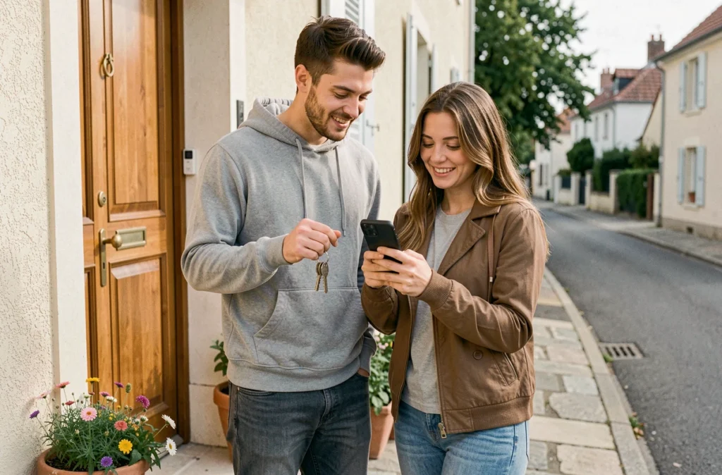 Couple de jeunes propriétaires soulagés devant leur nouvelle maison après avoir anticipé la mise en service de l'électricité