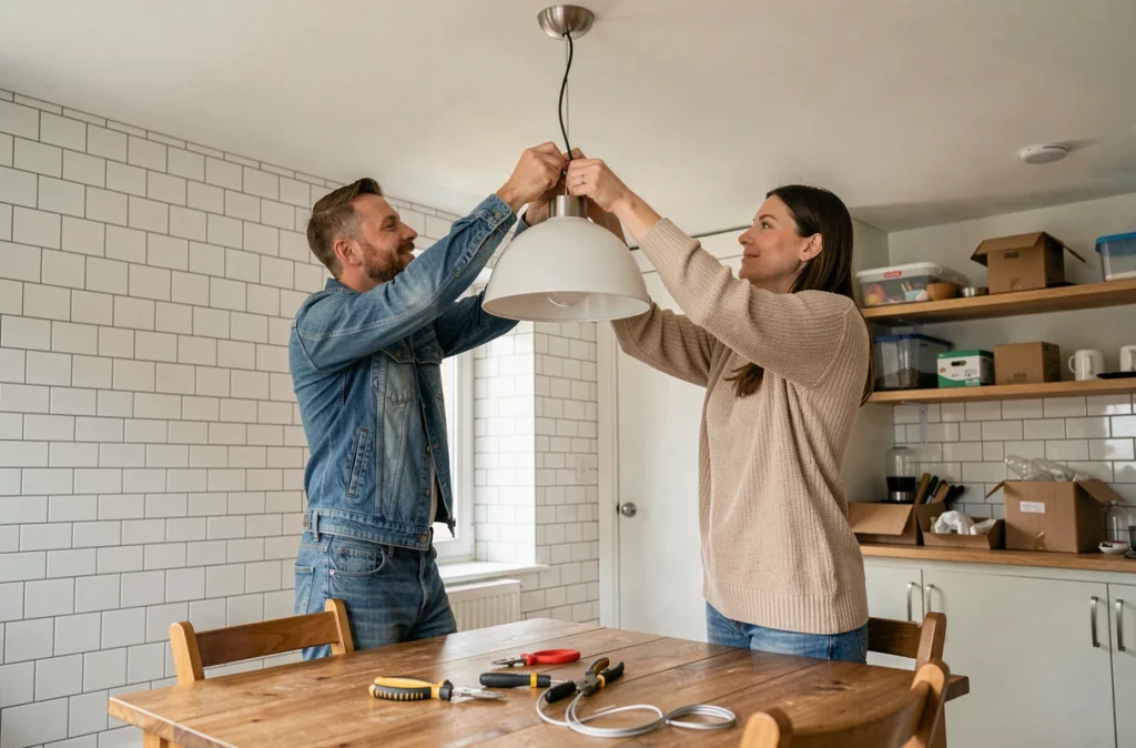 Couple installant ensemble un luminaire suspendu dans une salle à manger après emménagement