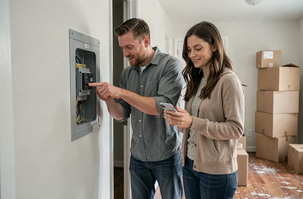Couple relevant le compteur électrique lors d'un déménagement pour transférer leur contrat d'électricité