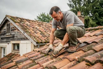 Couvreur inspectant des tuiles en terre cuite sur une toiture résidentielle pour détecter des infiltrations d'eau
