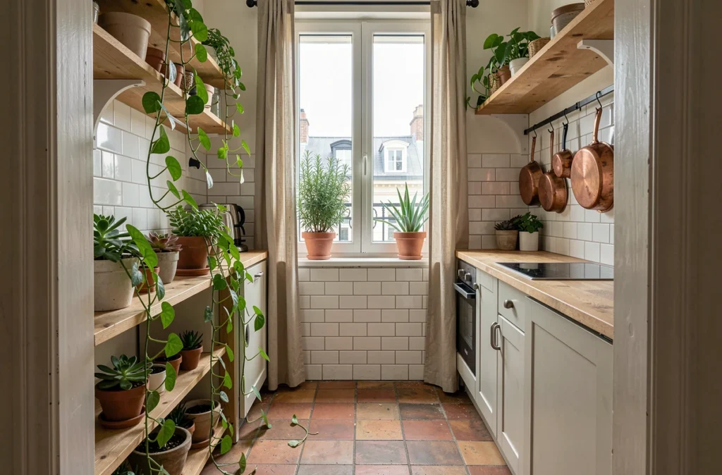 Cuisine parisienne étroite avec plantes vertes sur étagères en bois, pothos retombant et herbes aromatiques sur le rebord de fenêtre