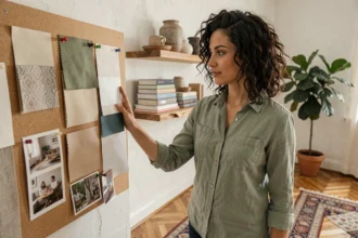 Femme décoratrice d'intérieur étudiant un moodboard personnel avec échantillons de tissus et palettes de couleurs dans un atelier cosy