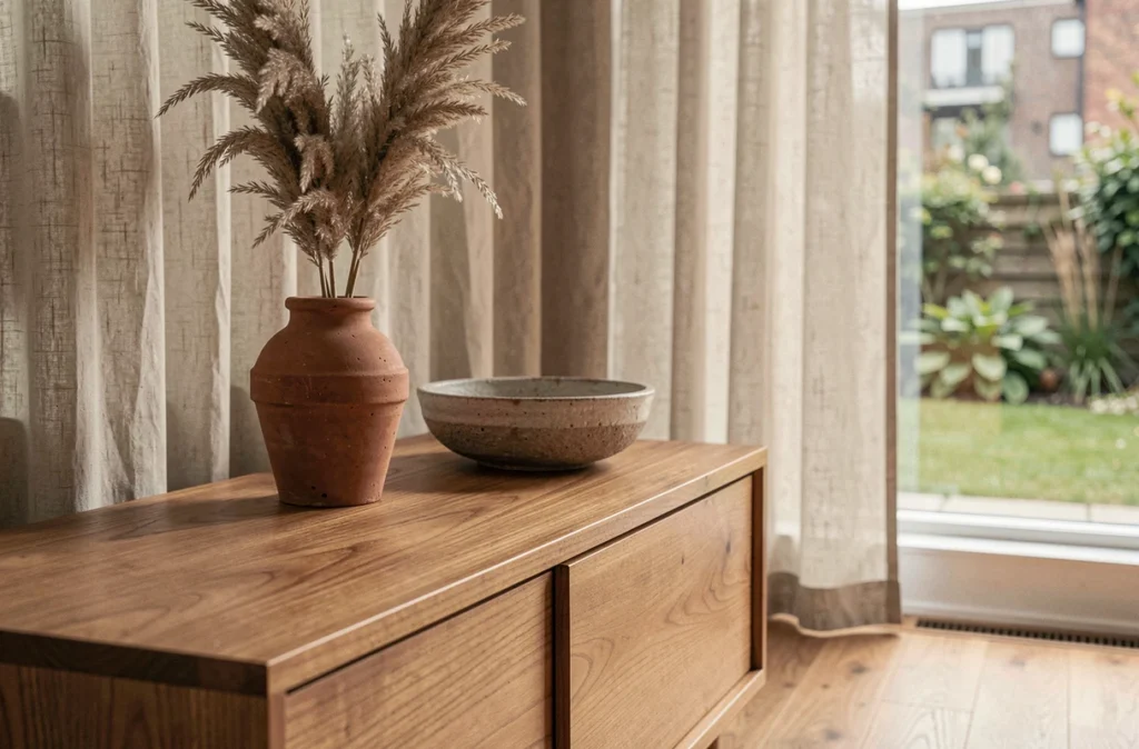 Détail de buffet scandinave associant teck, pierre brute, céramique artisanale et lin naturel dans un séjour