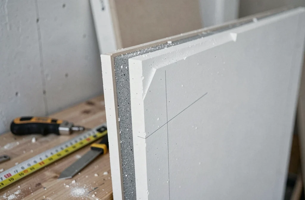 Gros plan sur la coupe d'un panneau Placo isolé révélant l'âme en mousse et les couches de matériaux