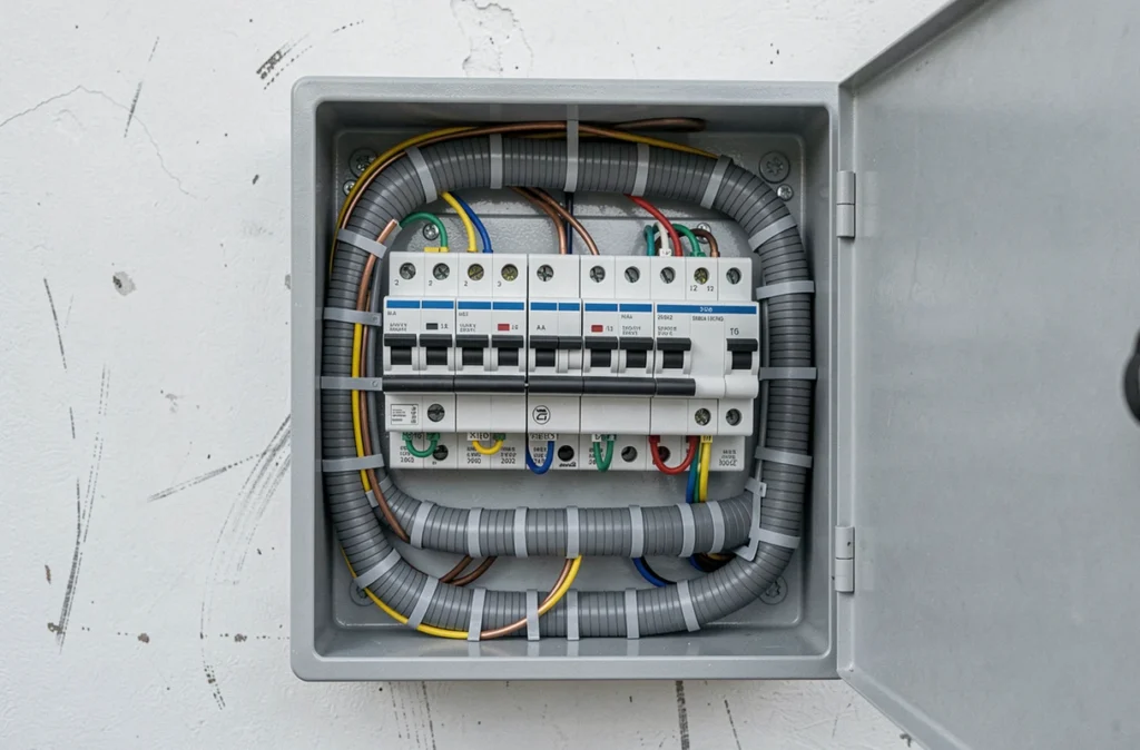Détail intérieur d'un tableau électrique avec goulottes et câbles organisés sur rail DIN