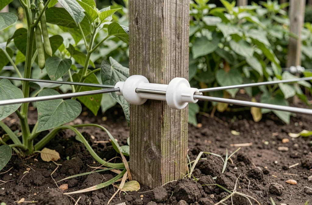 Détail d'un poteau isolateur de clôture électrique dans un potager