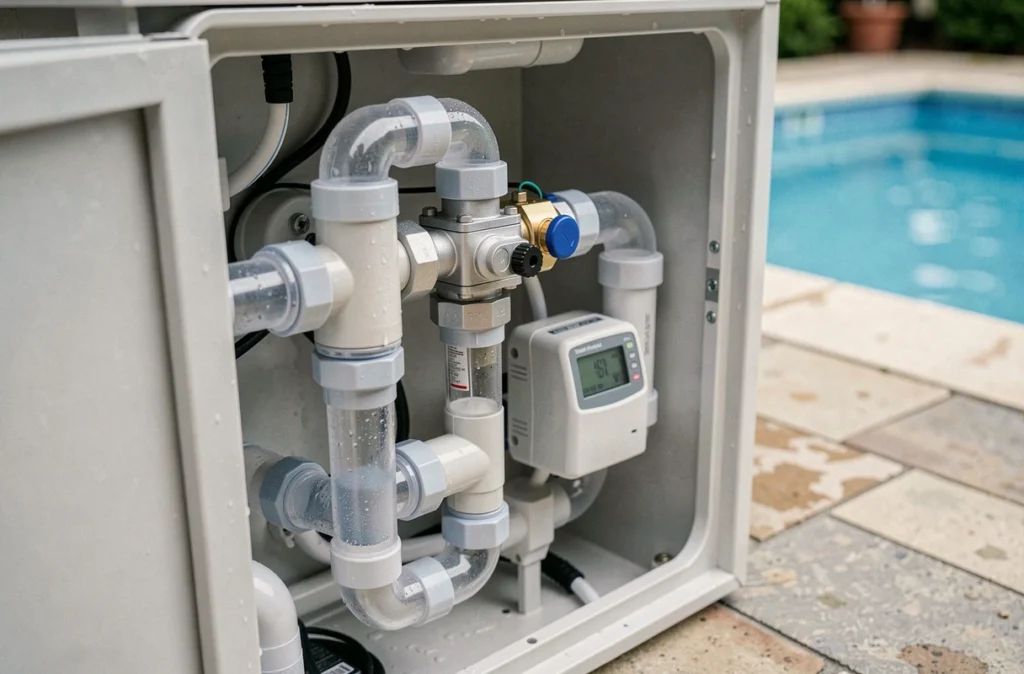 Détail du système de filtration automatisée pour piscine avec tuyaux, capteur de débit et minuterie programmable