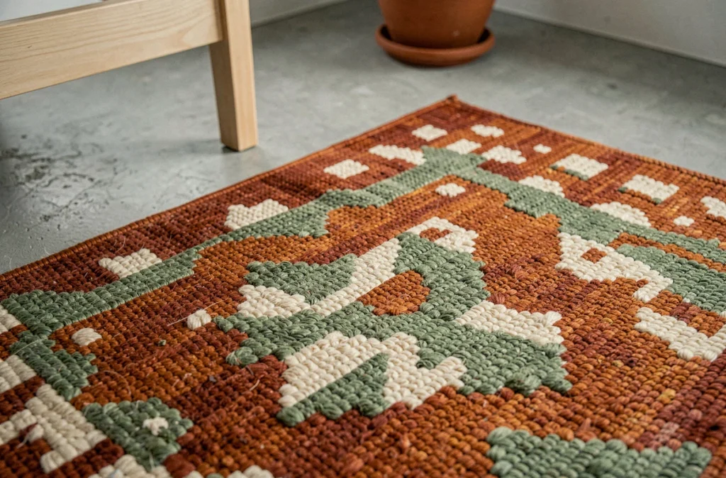 Détail macro d'un tapis en laine à motifs berbères géométriques rouille et vert sauge sur sol béton bureau minimaliste