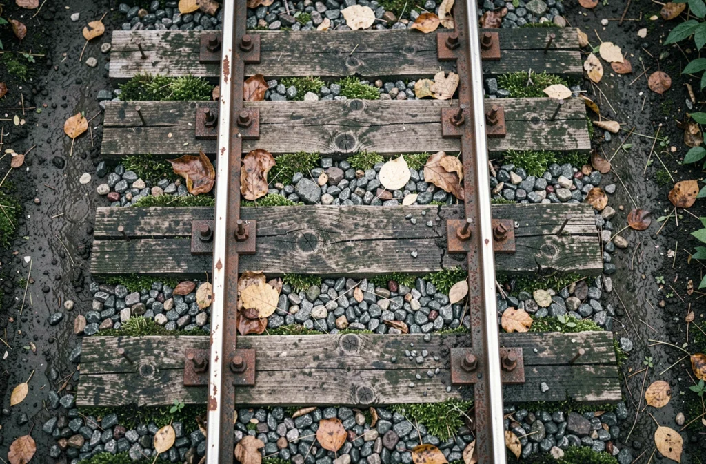 Vue aérienne rapprochée d'un chemin de fer traverse de jardin mal posé, avec rails rouillés, traverses fissurées et mauvais drainage visible