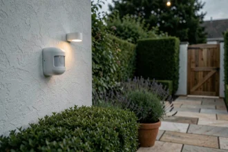Détecteur de mouvement installé sur un mur extérieur avec éclairage LED dans un jardin résidentiel au crépuscule