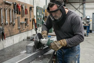 Ouvrier métallurgiste utilisant une meuleuse d'angle avec un disque à tronçonner métal sur un établi en acier dans un atelier industriel
