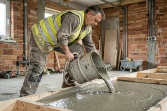 Ouvrier versant le dosage chape maigre depuis une bétonnière dans un coffrage en bois sur chantier intérieur