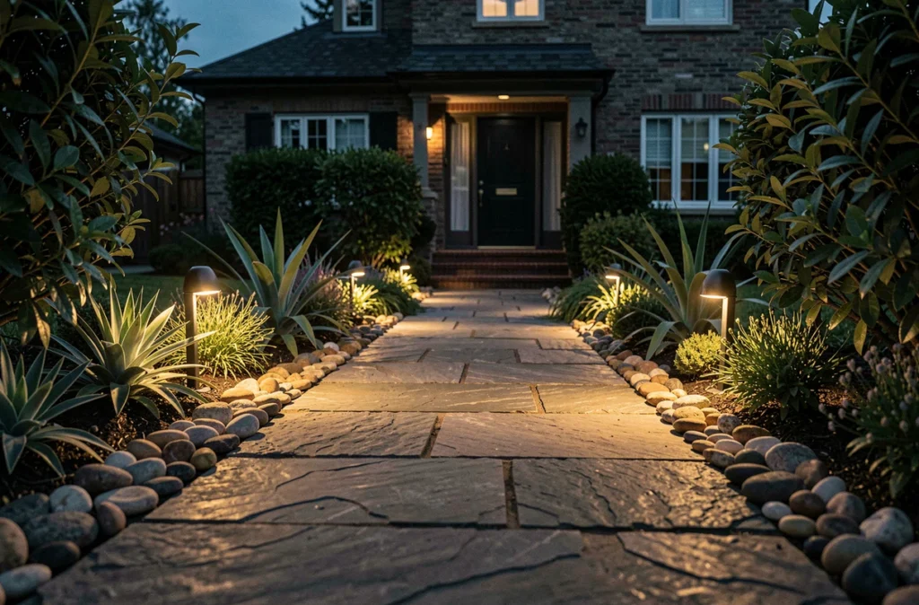 Allée de jardin illuminée la nuit par un éclairage à détection de mouvement le long d'un chemin en pierre
