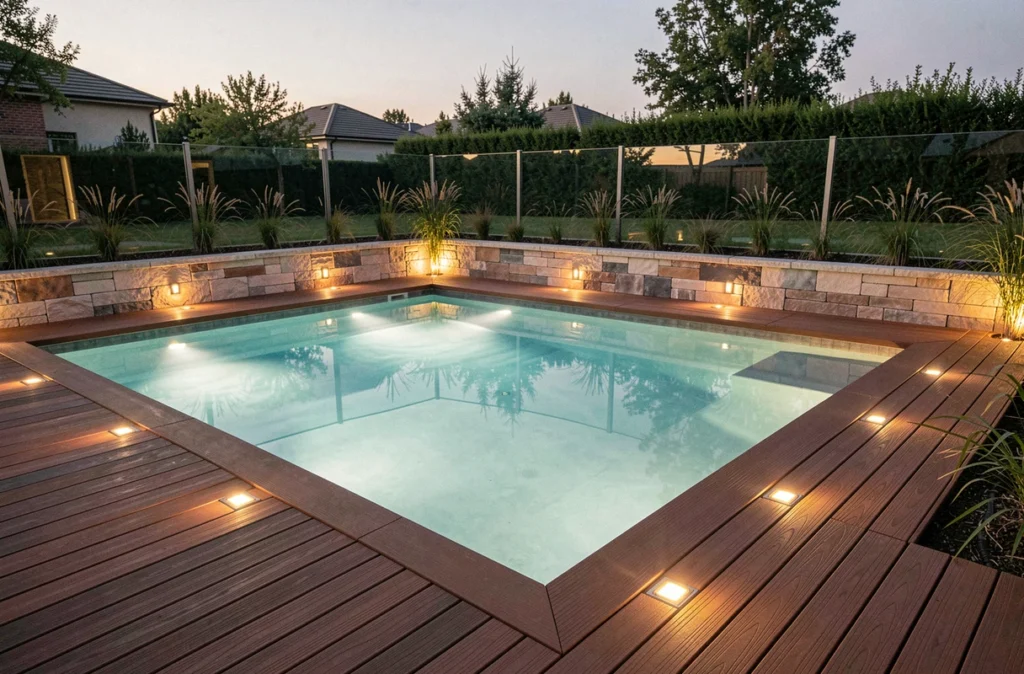 Piscine résidentielle équipée d'un éclairage LED subaquatique et de bornes de terrasse en bois au crépuscule